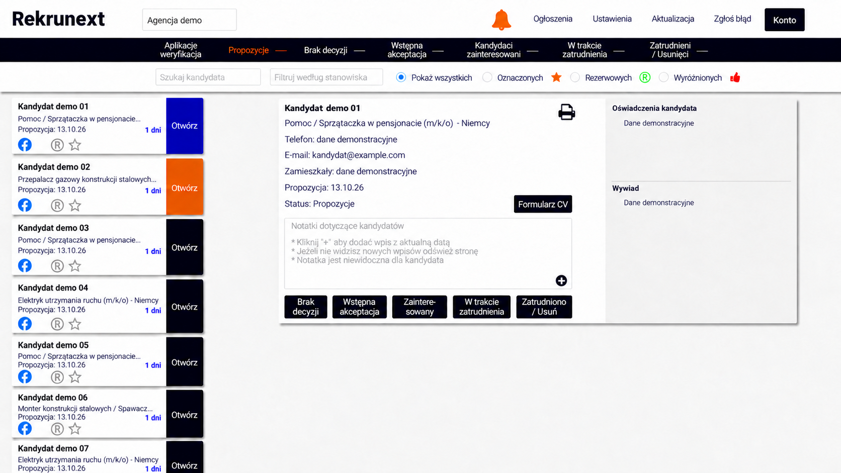 Demonstracyjny panel CRM: lista zgłoszeń, karta kandydata, notatki i etapy rekrutacji